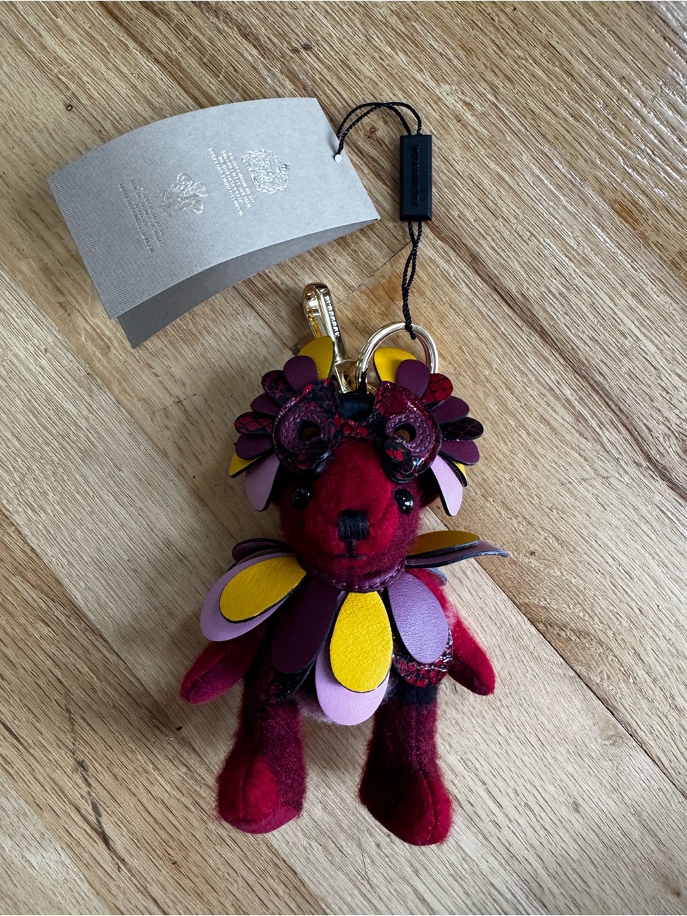 Burberry Plush Bear Bag Charm with Purple, Yellow & Pink Petal Accents